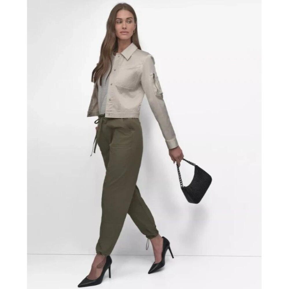DKNY Women's Tie Front Straight Leg Cargo Pants Bungee Utility Green M - Picture 4 of 10